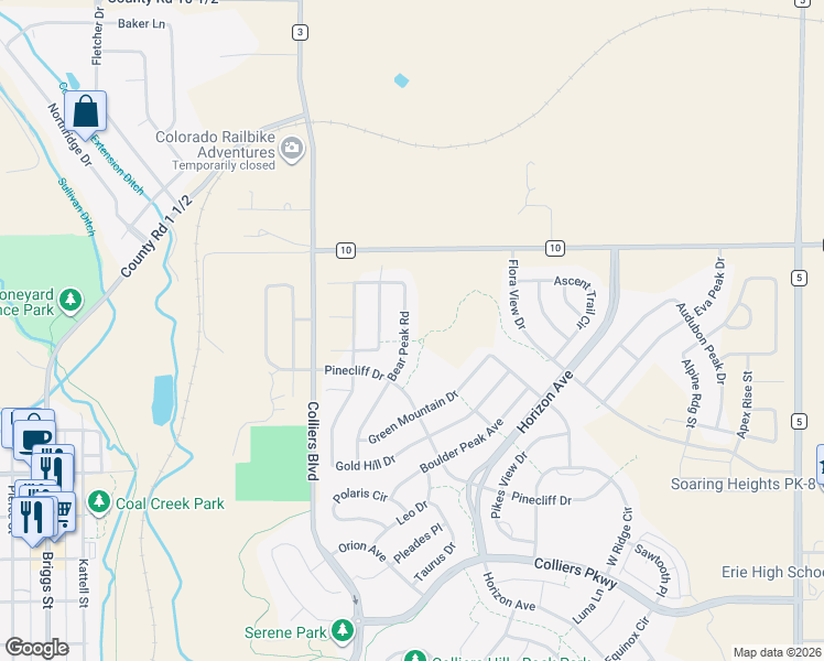 map of restaurants, bars, coffee shops, grocery stores, and more near 734 Bear Peak Road in Erie