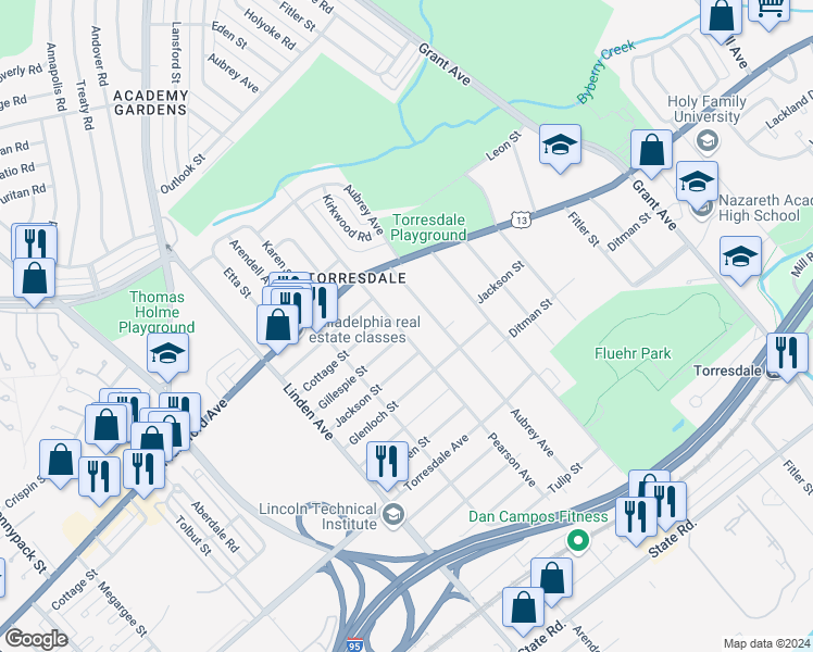 map of restaurants, bars, coffee shops, grocery stores, and more near 4420 Aubrey Avenue in Philadelphia
