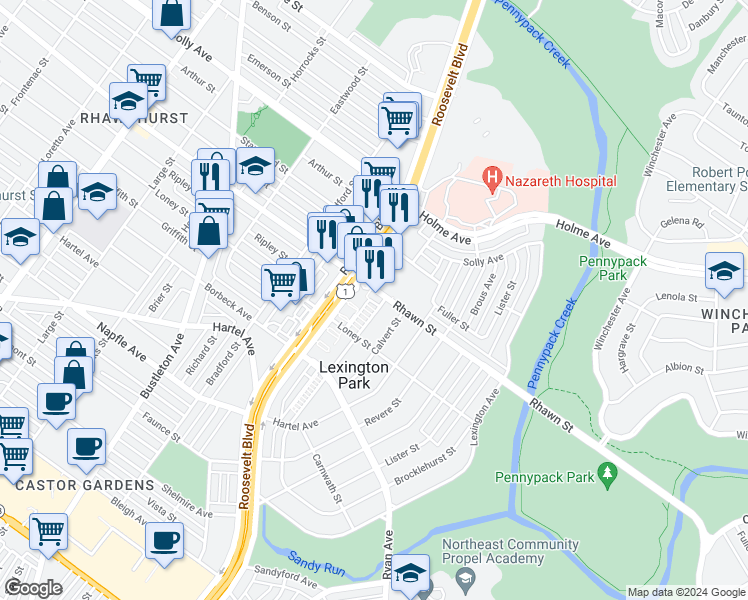 map of restaurants, bars, coffee shops, grocery stores, and more near 7959 Roosevelt Boulevard in Philadelphia