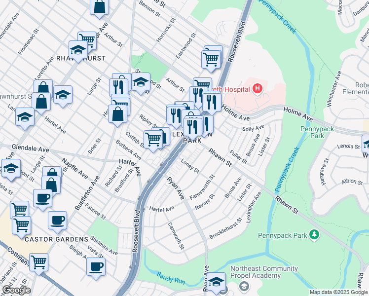 map of restaurants, bars, coffee shops, grocery stores, and more near 7959 Roosevelt Boulevard in Philadelphia