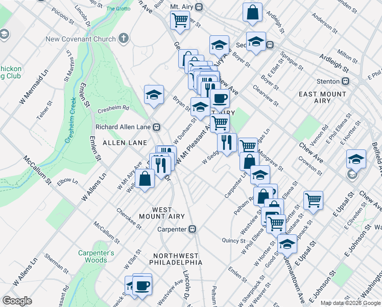 map of restaurants, bars, coffee shops, grocery stores, and more near 214 West Mount Pleasant Avenue in Philadelphia