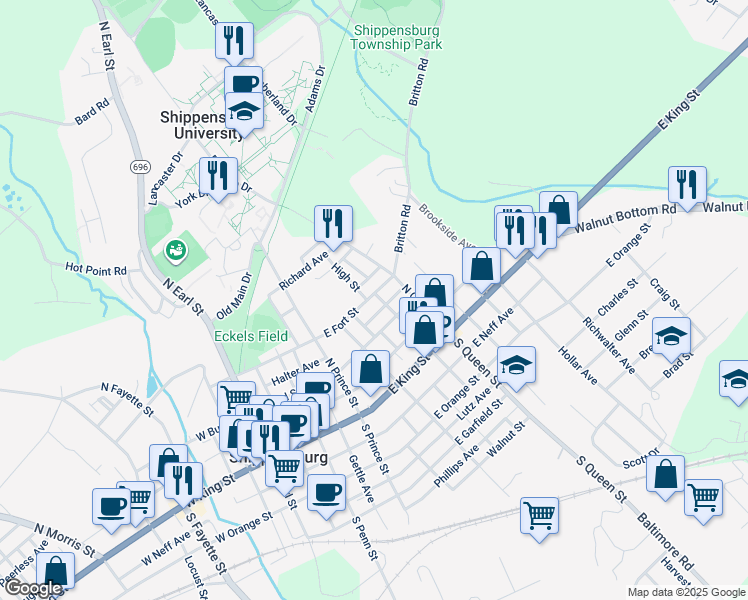 map of restaurants, bars, coffee shops, grocery stores, and more near 344 East Fort Street in Shippensburg