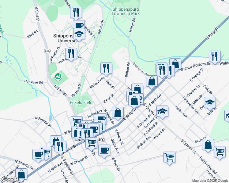 map of restaurants, bars, coffee shops, grocery stores, and more near 204 High Street in Shippensburg