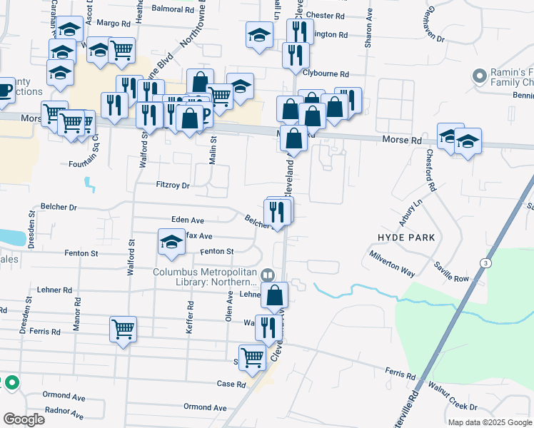 map of restaurants, bars, coffee shops, grocery stores, and more near 4269-4283 Cleveland Avenue in Columbus