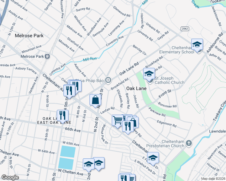 map of restaurants, bars, coffee shops, grocery stores, and more near 7507 Brookfield Road in Melrose Park