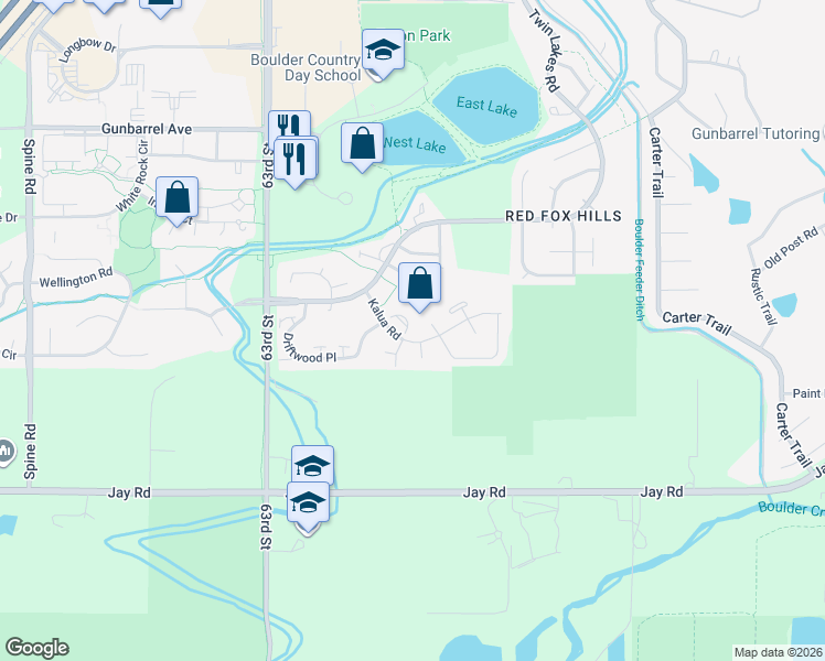 map of restaurants, bars, coffee shops, grocery stores, and more near 4547 Sandpiper Court in Boulder
