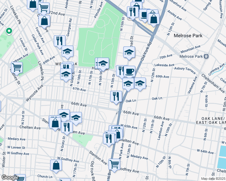 map of restaurants, bars, coffee shops, grocery stores, and more near 6709 North 15th Street in Philadelphia