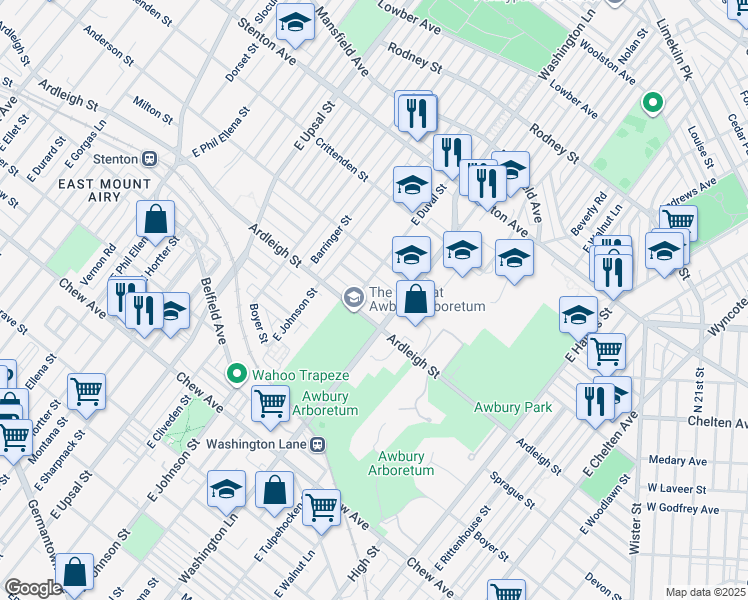 map of restaurants, bars, coffee shops, grocery stores, and more near 6314 Milton Street in Philadelphia