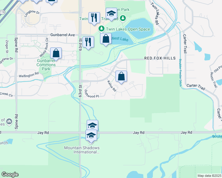 map of restaurants, bars, coffee shops, grocery stores, and more near 4419 Driftwood Place in Boulder