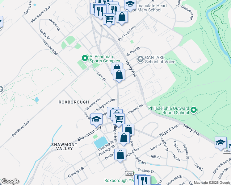 map of restaurants, bars, coffee shops, grocery stores, and more near 497 Summit Avenue in Philadelphia