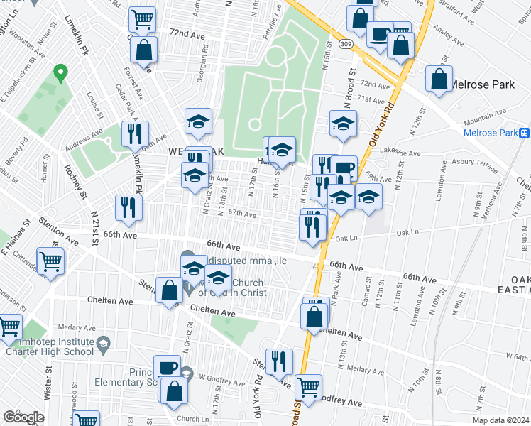 map of restaurants, bars, coffee shops, grocery stores, and more near 1615 67th Avenue in Philadelphia