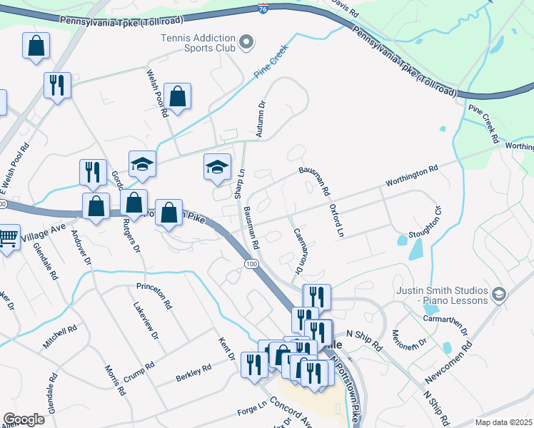 map of restaurants, bars, coffee shops, grocery stores, and more near 133 Conway Court in Exton