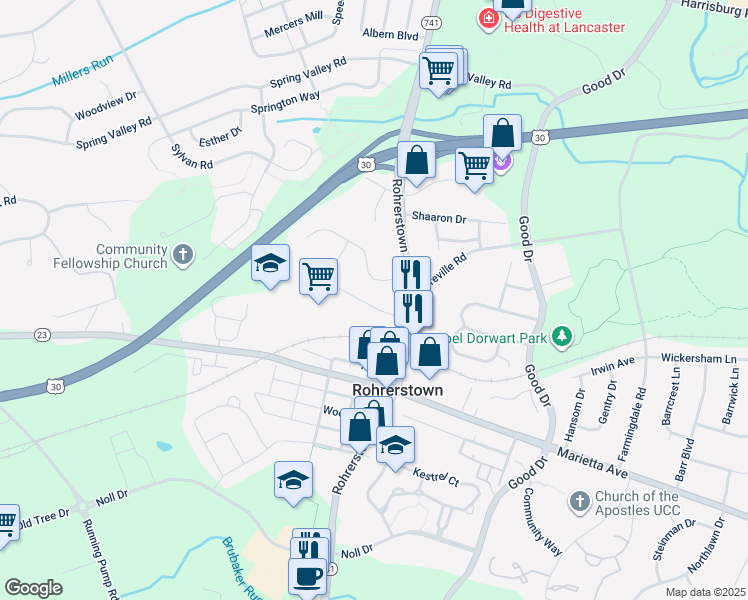 map of restaurants, bars, coffee shops, grocery stores, and more near 2219 Dutch Gold Drive in Lancaster