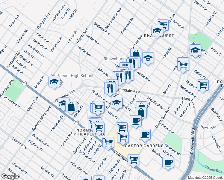 map of restaurants, bars, coffee shops, grocery stores, and more near 900 Glendale Avenue in Philadelphia