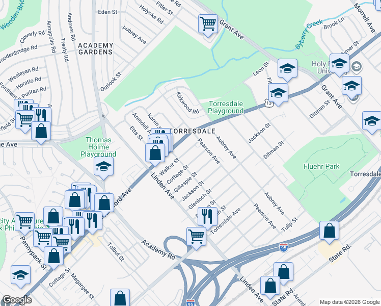 map of restaurants, bars, coffee shops, grocery stores, and more near 9323 Walker Street in Philadelphia
