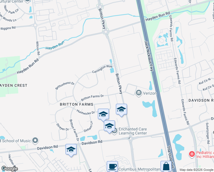 map of restaurants, bars, coffee shops, grocery stores, and more near 4368 Huntwicke Court in Hilliard