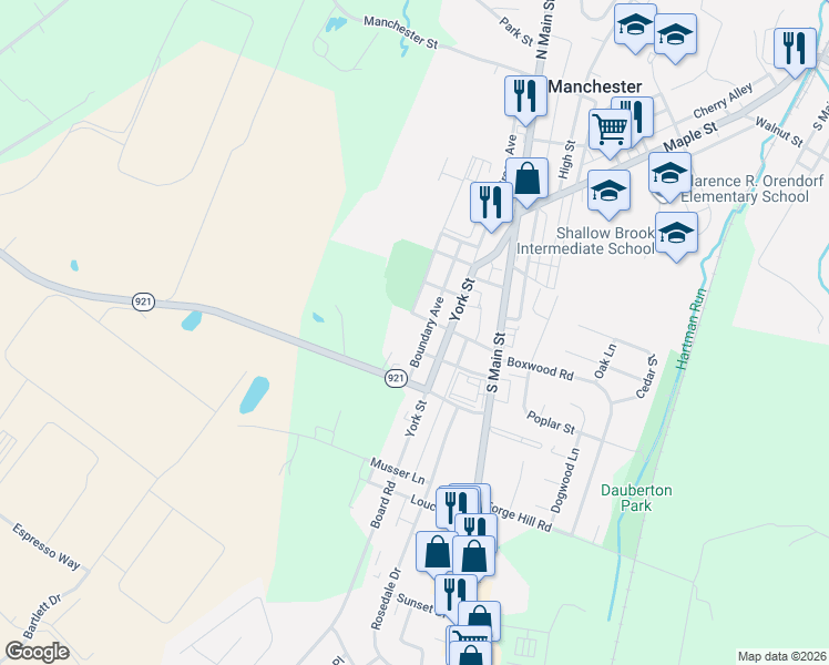 map of restaurants, bars, coffee shops, grocery stores, and more near 16 Roosevelt Avenue in Manchester