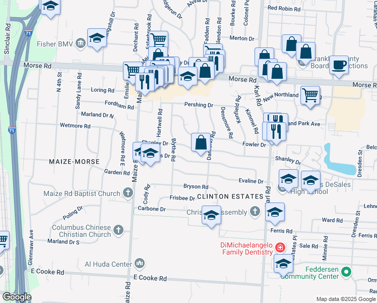 map of restaurants, bars, coffee shops, grocery stores, and more near 1315 Shanley Drive in Columbus