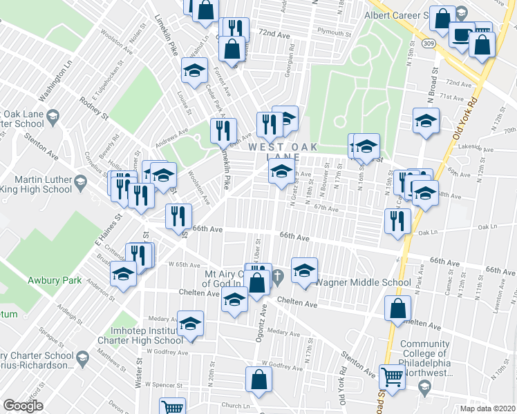 map of restaurants, bars, coffee shops, grocery stores, and more near 6646 North Uber Street in Philadelphia