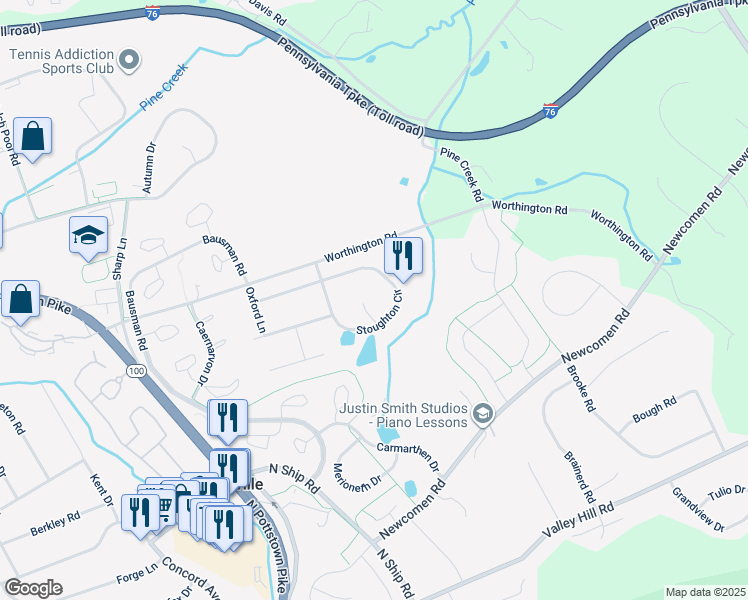 map of restaurants, bars, coffee shops, grocery stores, and more near 102 Farmhouse Drive in Exton