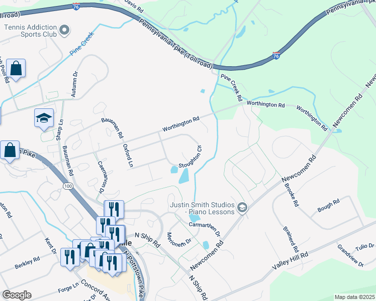 map of restaurants, bars, coffee shops, grocery stores, and more near 102 Farmhouse Drive in Exton