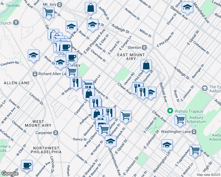 map of restaurants, bars, coffee shops, grocery stores, and more near 135 Pleasant Street in Philadelphia