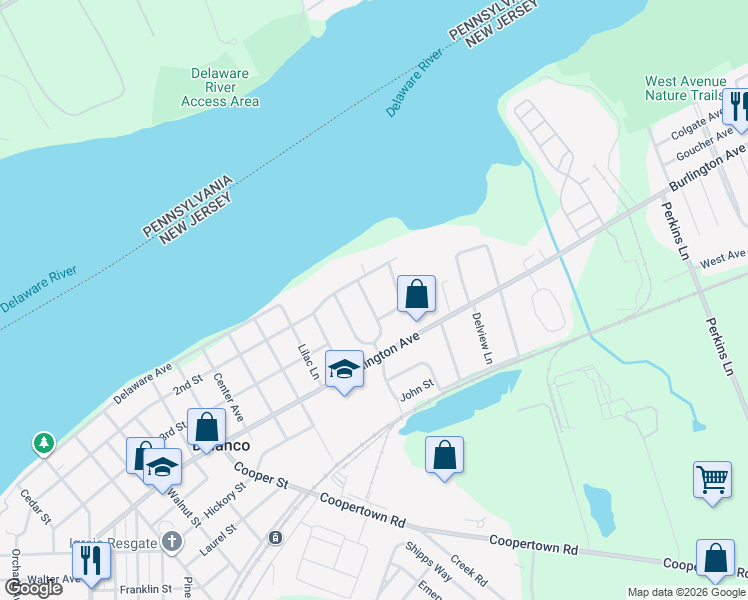 map of restaurants, bars, coffee shops, grocery stores, and more near 216 Fenimore Lane in Delanco