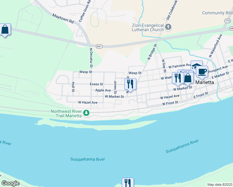 map of restaurants, bars, coffee shops, grocery stores, and more near 436 West Market Street in Marietta