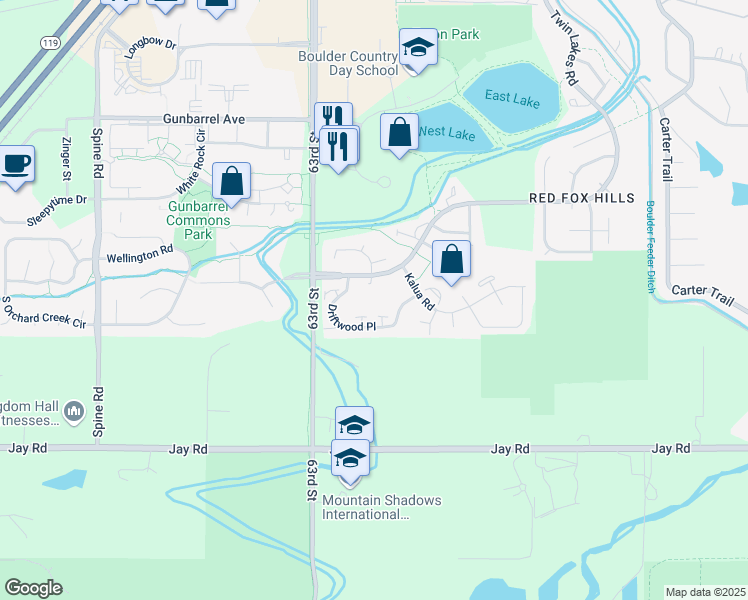 map of restaurants, bars, coffee shops, grocery stores, and more near 6400 Driftwood Place in Boulder