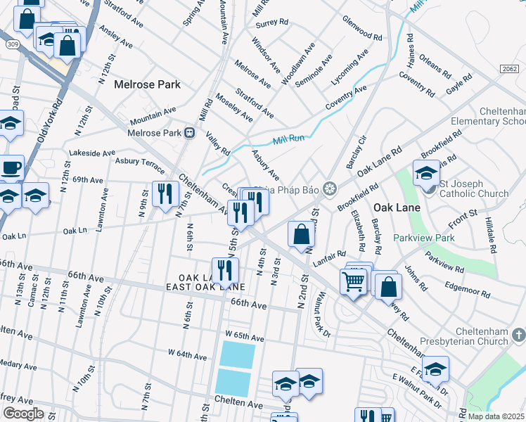 map of restaurants, bars, coffee shops, grocery stores, and more near 423 Valley Road in Melrose Park