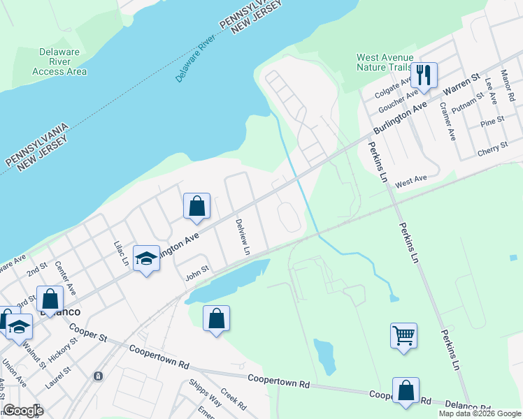 map of restaurants, bars, coffee shops, grocery stores, and more near 410 Larchmont Drive in Delanco