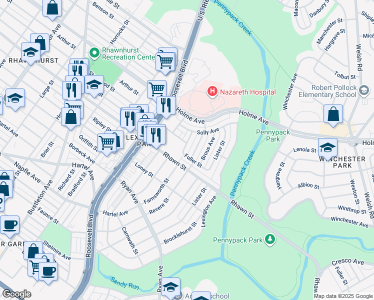 map of restaurants, bars, coffee shops, grocery stores, and more near 8107 Farnsworth Street in Philadelphia