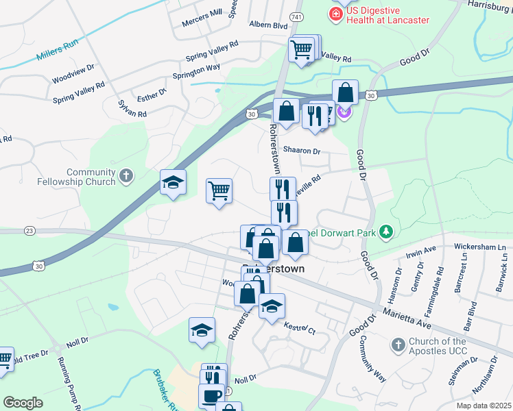 map of restaurants, bars, coffee shops, grocery stores, and more near 2219 Dutch Gold Drive in Lancaster