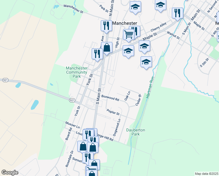 map of restaurants, bars, coffee shops, grocery stores, and more near 60 N Poplar Ct in Manchester