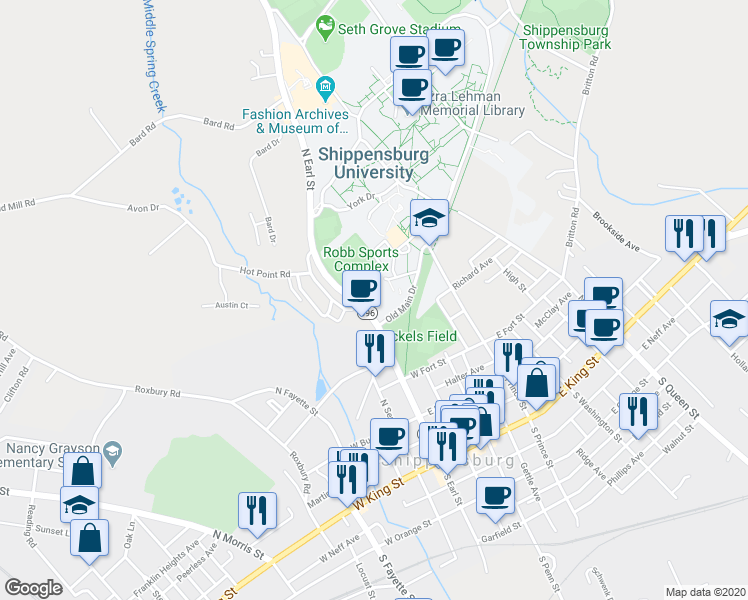 map of restaurants, bars, coffee shops, grocery stores, and more near 305 North Earl Street in Shippensburg