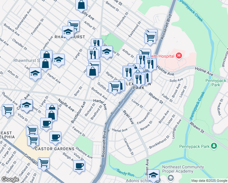 map of restaurants, bars, coffee shops, grocery stores, and more near 7833 Bradford Street in Philadelphia