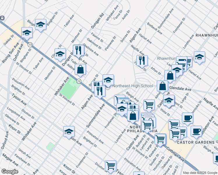 map of restaurants, bars, coffee shops, grocery stores, and more near 1601 Cottman Avenue in Philadelphia