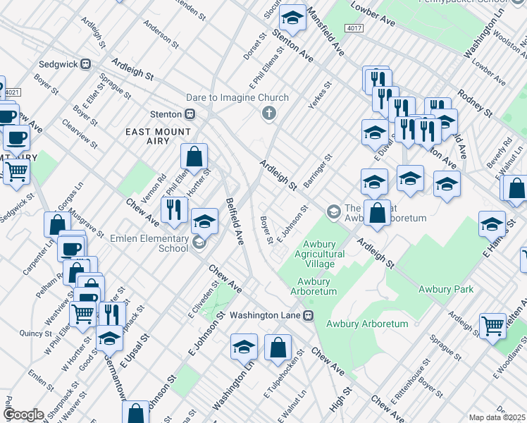 map of restaurants, bars, coffee shops, grocery stores, and more near 6426 Sprague Street in Philadelphia