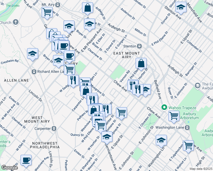 map of restaurants, bars, coffee shops, grocery stores, and more near 135 Pleasant Street in Philadelphia