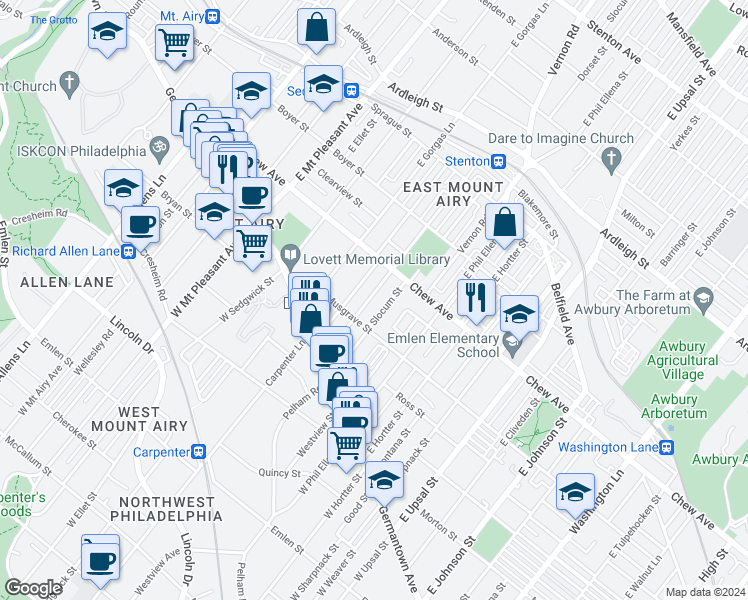 map of restaurants, bars, coffee shops, grocery stores, and more near 135 Pleasant Street in Philadelphia
