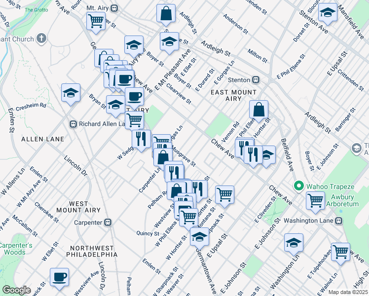 map of restaurants, bars, coffee shops, grocery stores, and more near 118 Meehan Avenue in Philadelphia