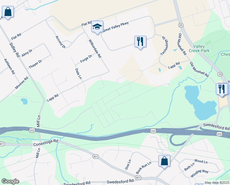 map of restaurants, bars, coffee shops, grocery stores, and more near 280 Lapp Rd in Malvern