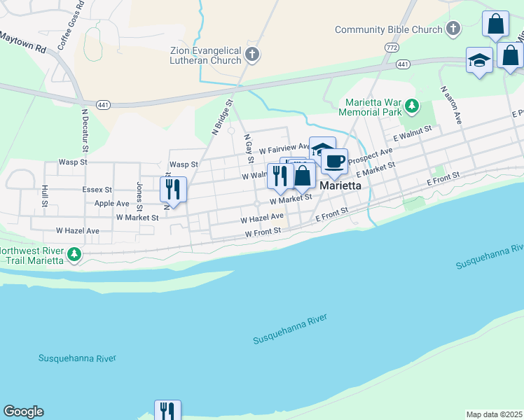 map of restaurants, bars, coffee shops, grocery stores, and more near 169 West Market Street in Marietta