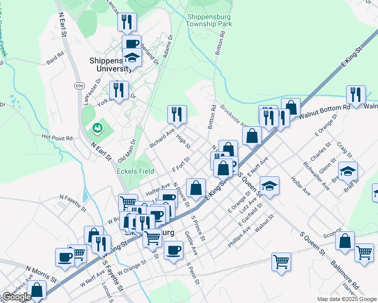 map of restaurants, bars, coffee shops, grocery stores, and more near 204 High Street in Shippensburg