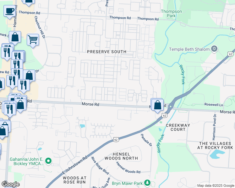 map of restaurants, bars, coffee shops, grocery stores, and more near 3683 Preserve Crossing Boulevard in Columbus