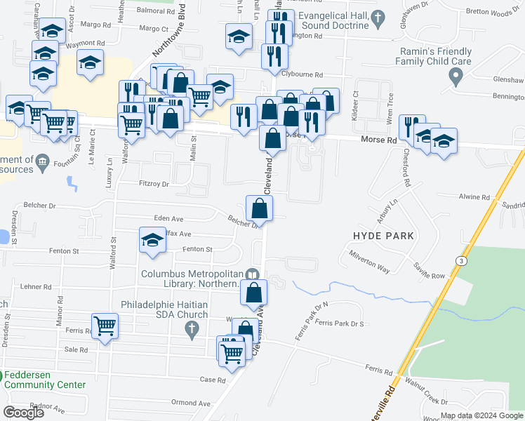 map of restaurants, bars, coffee shops, grocery stores, and more near 4274 Cleveland Avenue in Columbus