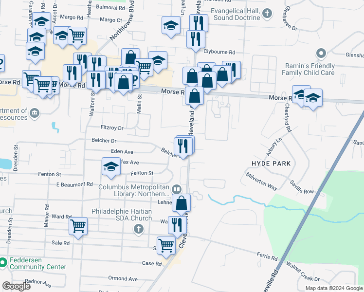 map of restaurants, bars, coffee shops, grocery stores, and more near 4269-4283 Cleveland Avenue in Columbus