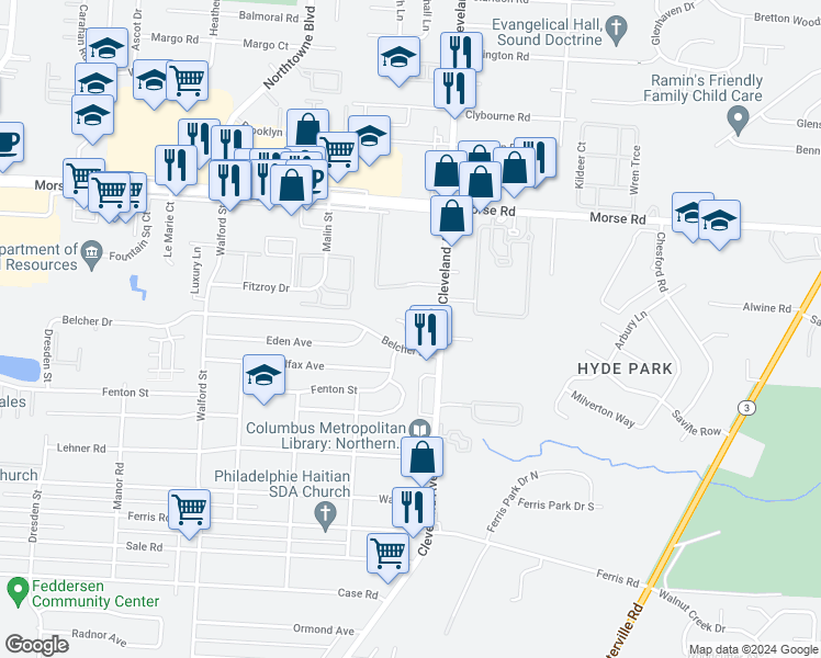 map of restaurants, bars, coffee shops, grocery stores, and more near 4269-4283 Cleveland Avenue in Columbus