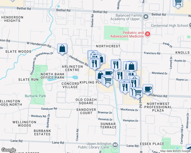map of restaurants, bars, coffee shops, grocery stores, and more near 4893 Nugent Drive in Columbus