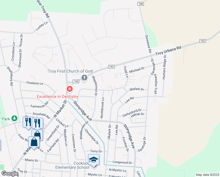 map of restaurants, bars, coffee shops, grocery stores, and more near 1200 Bunker Hill Court in Troy